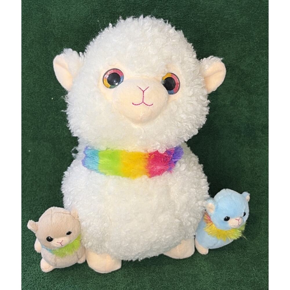 Snug Babies Alpaca Llama Plush Stuffed Animal 20" Rainbow Scarf Toy with 2 baby